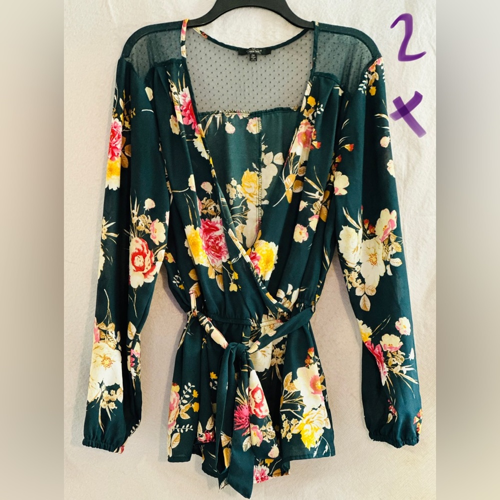LADIES DEEP JUNGLE GREEN TOP WITH PINK & YELLOW FLOWERS